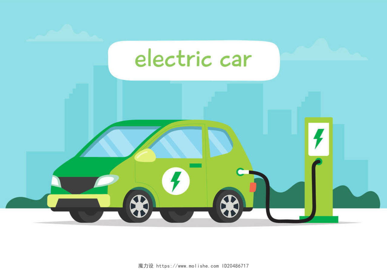 电动汽车在新能源充电站充电城市背景环保新能源电池